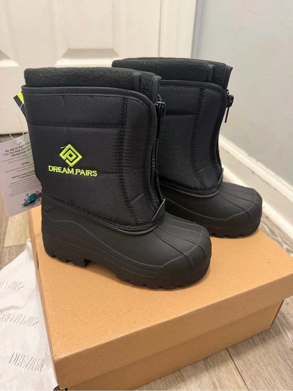 Dream Pairs Kids Black Snow Boots with Neon Lime Logo